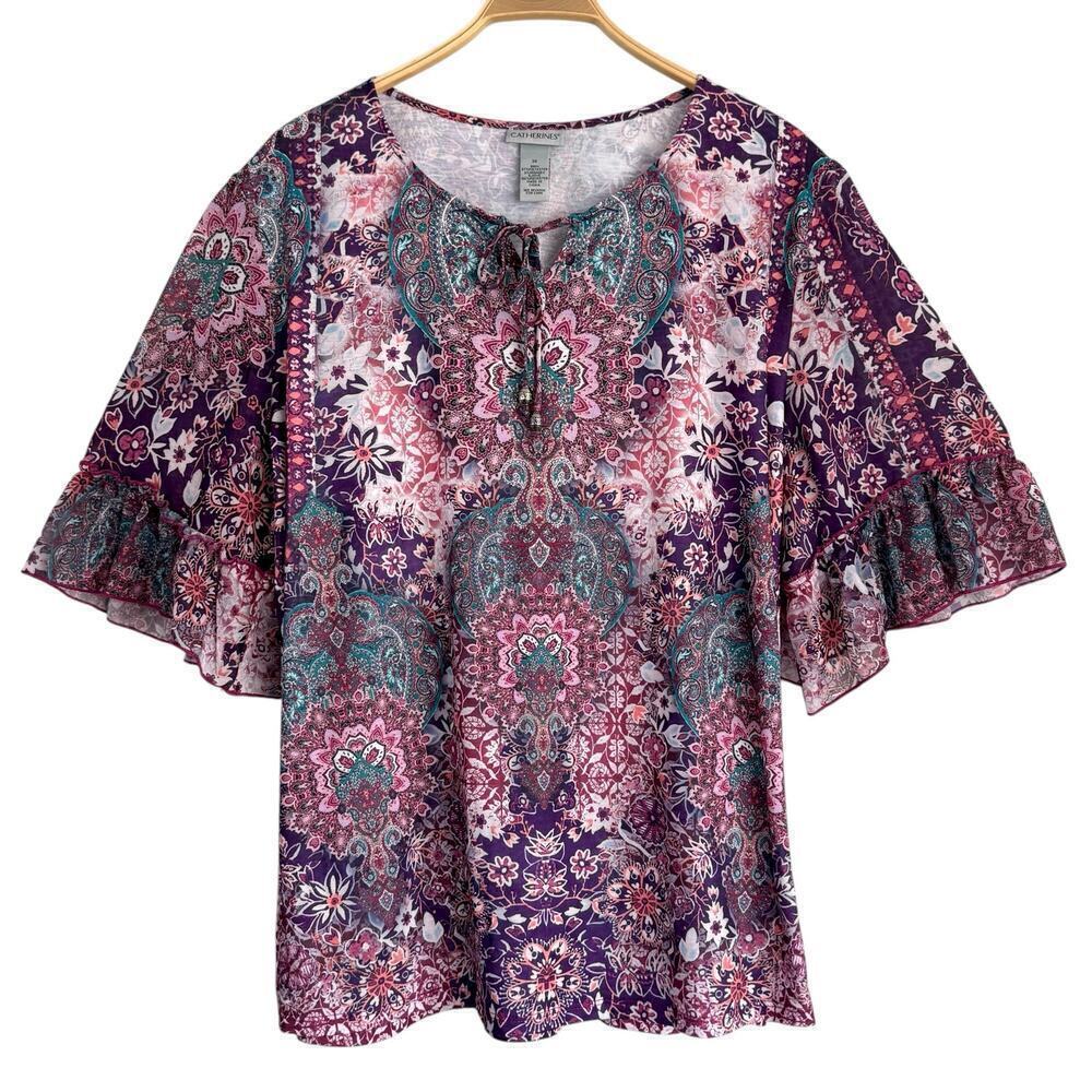 Catherines Top 3X Blouse Lightweight Casual Stretch Flutter Sleeves Geometric